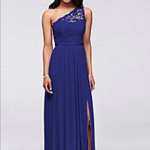 David’s Bridal Navy Blue One Shoulder Lace Bridesmaid Dress